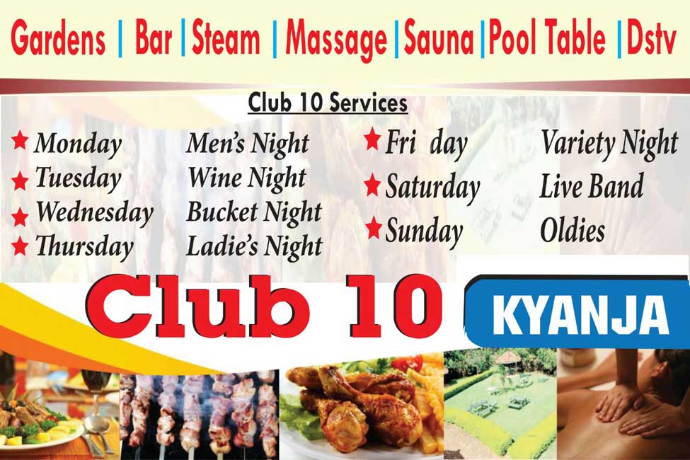 Club 10 Kyanja Kampala Uganda, One of the best bars & Restaurant in Kampala, Sauna & Massage, Top Bar, Top Restaurant, Top Bar and Lounge, Cool night out, Beer, Wine, Spirits, Cocktail bar, Sports Bar, Tasteful Delicious food in Kampala, Amazing Drinking Venue in Kampala Uganda, Ugabox