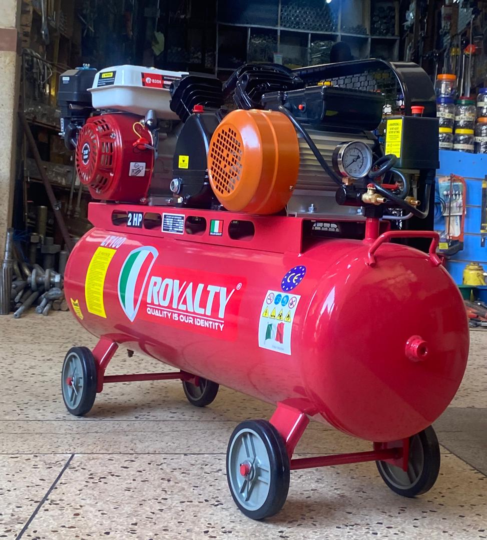 Price in Uganda for Air Compressor. UGX: 000. Double Function Air Compressor 7HP Engine, 3HP Motor, Royalty Brand Italy Technology 100 Litres Tank for Sale in Kampala Uganda. Air Compressor Application: For Paint Spraying, Car Tyre Inflation, For Auto/Garage Service Stations, Furniture And Metal Workshops. Machine World Uganda, Leading Air Compressors Company in Uganda: Supplier, Importer, Distributor, Assembler and Installer of Domestic and Industrial Air Compression Machinery in Kampala-Uganda, East Africa: Kigali-Rwanda, Nairobi-Mombasa-Kenya, Juba-South Sudan, DRC-Congo, Tanzania. Ugabox Machinery Marketing Platform Uganda | Ugabox.com
